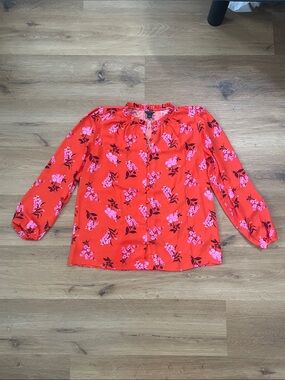 Ann Taylor Orange Floral Popover Blouse with Pink Blossoms